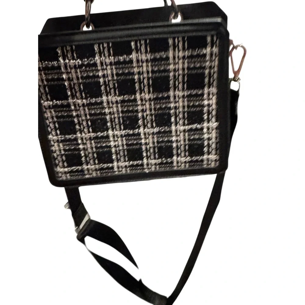 Steve Madden B-Zanny Plaid Tweed Box Crossbody Bag Black White Satchel